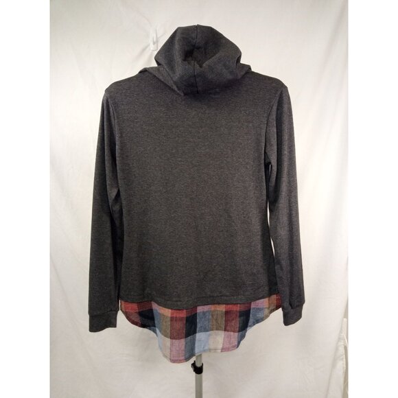 DJT Women's Long Sleeve Hooded Grey/Blue Plaid Lined Top Size Medium - Picture 4 of 6